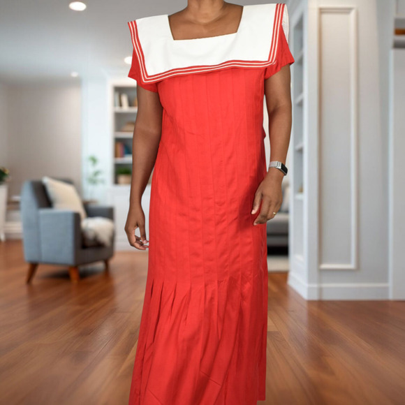 Vintage Sailor Collar Maxi Dress Red Nautical Rayon Column Pleated Retro Medium - Picture 13 of 14